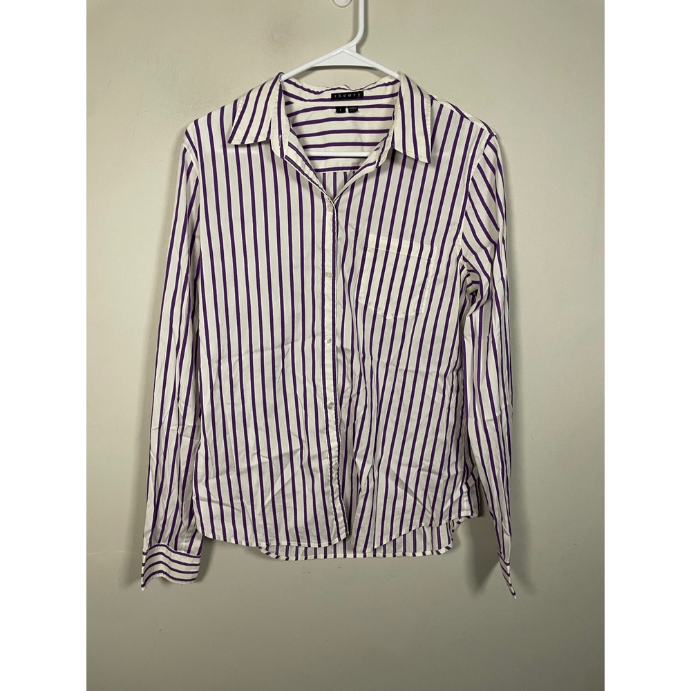 Theory Kenola Button Down Shirt in Purple Stripe Size Large Quiet Luxury Classic